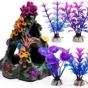 GSD Aquarium Colorful Coral Reef Set Fish Tank Decoration Mountain Ornament for Aquarium Environments Decor Accessories, Coral Mountain x 1, Aquatic Plant x 4-0