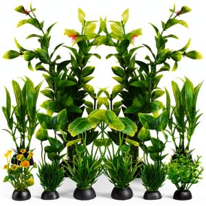 PietyPet Fish Tank Accessories Green Plants 10pcs Plastic Decor-0